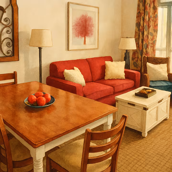 Cozy living room with red sofa.