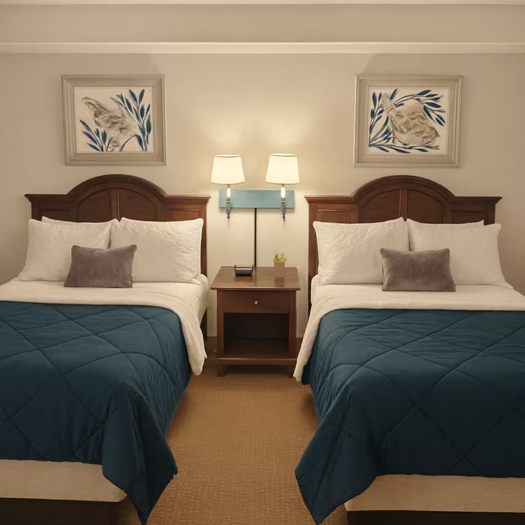 Hotel room with two beds and paintings.