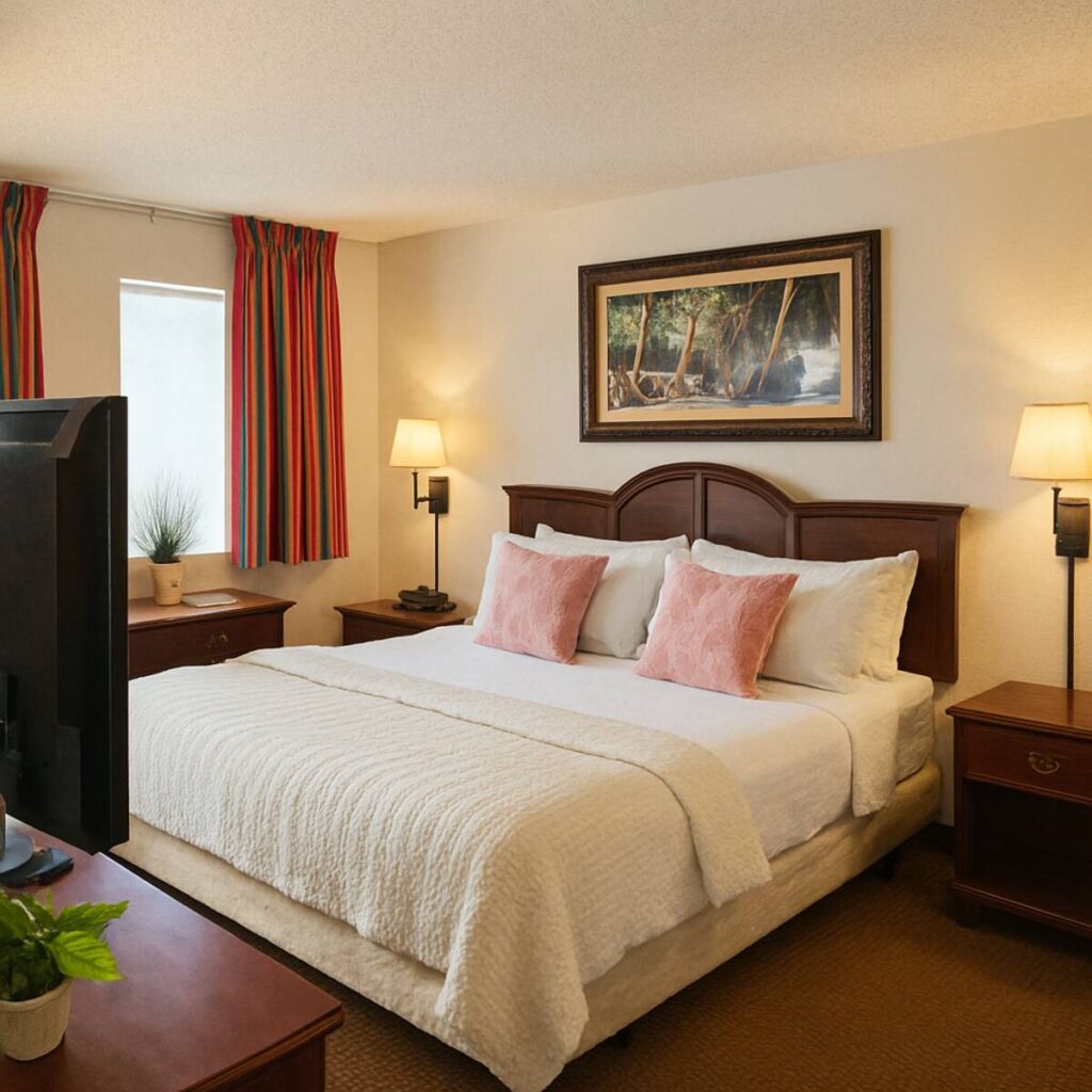 Hotel room with bed and decor.