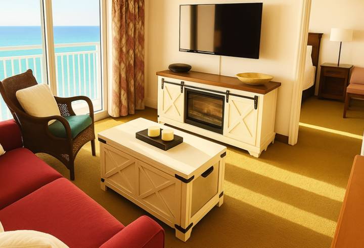 Cozy living room with ocean view balcony.
