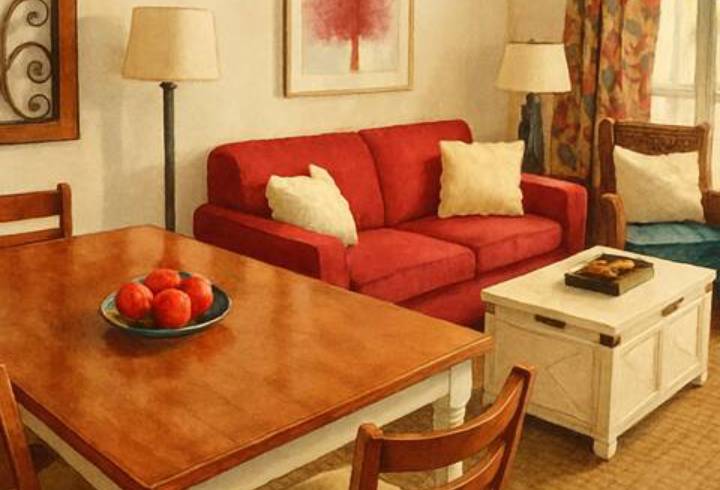 Cozy living room with red sofa.