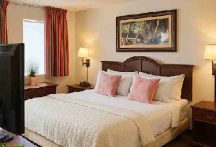Cozy bedroom with double bed and lamps.