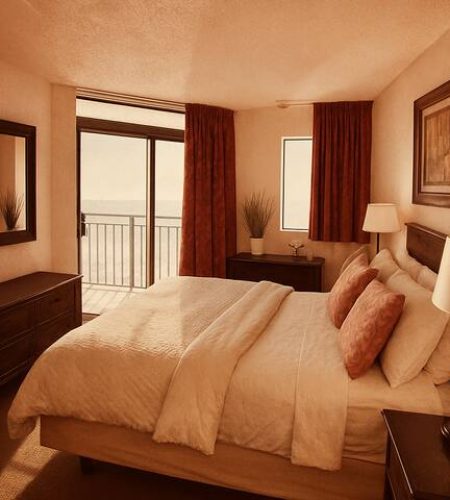 Cozy bedroom with ocean view and balcony.