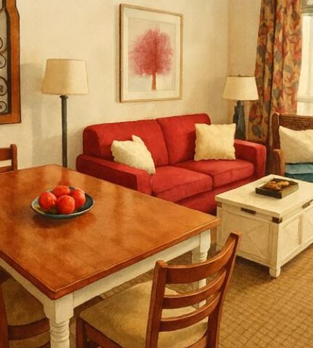 Cozy living room with red sofa.
